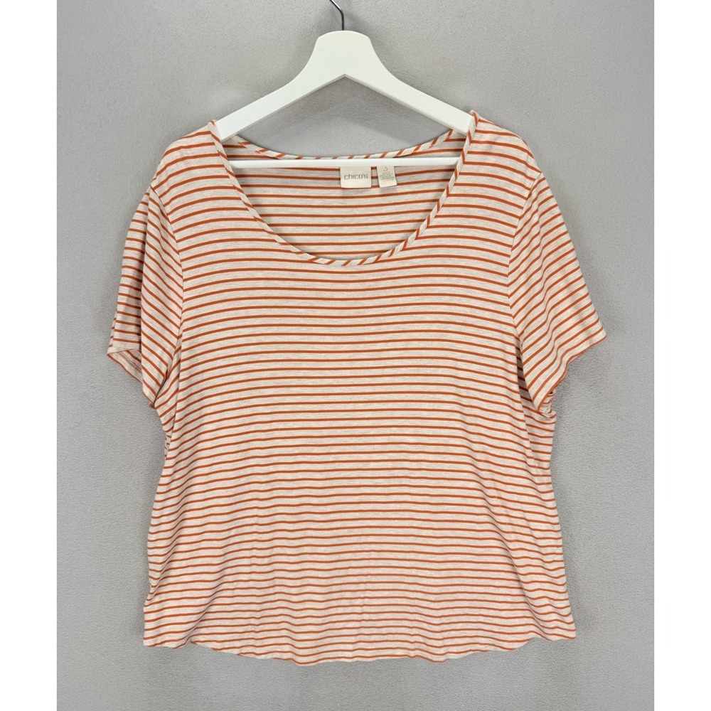 Chicos Women's Sz 3 (US XL) Orange and Beige Striped Short Sleeve Stretchy Shirt